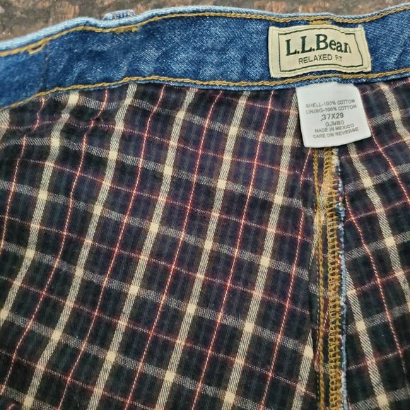 LL Bean Plaid Flannel Lined Jeans 37X29 Relaxed Fit 100% Cotton Blue Denim Pants - Picture 5 of 7